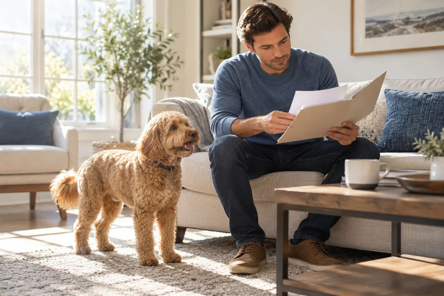 A small apricot curly-coated doodle-type dog stands beside an owner reading a folder